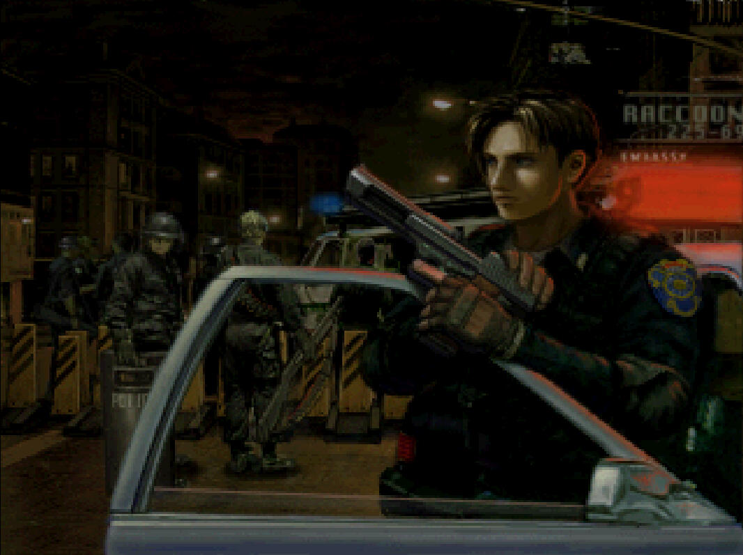 a highly detailed pixel art scene with Leon Kennedy as its focus